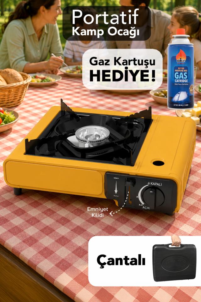Portatif Kamp Ocağı - Taşıma Çantalı Emniyet Kilitli Gazlı Sarı Ocak 1 Adet Gaz Kartuşu Hediye