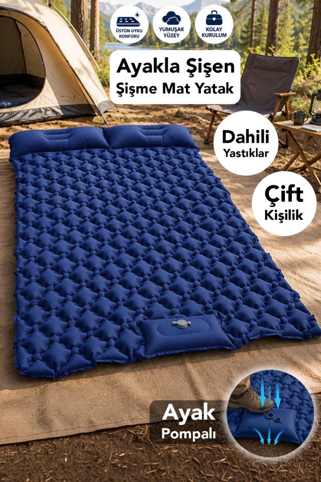 Ayak Pompalı Mat - Çift Kişilik Ultra Hafif Su Geçirmez Kamp Şişme Yatağı Mavi