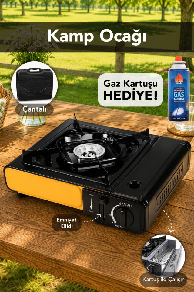 Emniyet Kilitli Kamp Ocağı - Taşıma Çantalı Sarı Tekli Ocak 1 Adet Gaz Kartuşu Hediye