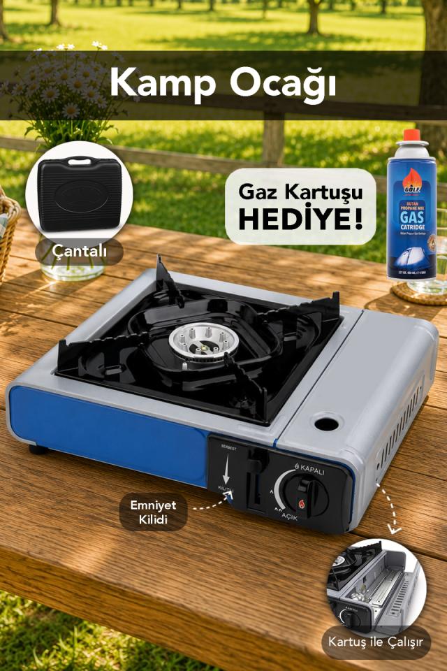 Emniyet Kilitli Kamp Ocağı - Taşıma Çantalı Mavi Tekli Ocak 1 Adet Gaz Kartuşu Hediye