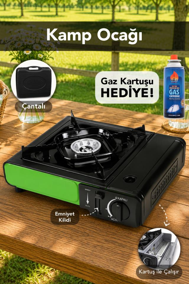 Emniyet Kilitli Kamp Ocağı - Taşıma Çantalı Yeşil Tekli Ocak 1 Adet Gaz Kartuşu Hediye