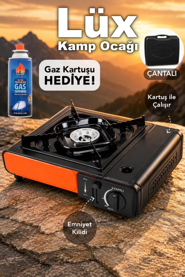 Lüx Kamp Ocağı - Taşıma Çantalı Emniyet Kilitli Portatif Kırmızı Tekli Ocak 1Adet Gaz Kartuşu Hediye