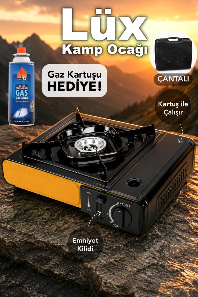 Lüx Kamp Ocağı - Taşıma Çantalı Emniyet Kilitli Portatif Sarı Tekli Ocak 1 Adet Gaz Kartuşu Hediye