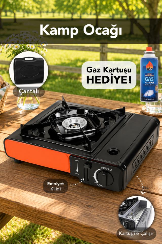 Emniyet Kilitli Kamp Ocağı - Taşıma Çantalı Kırmızı Tekli Ocak 1 Adet Gaz Kartuşu Hediye