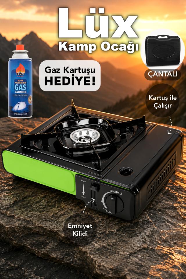Lüx Kamp Ocağı - Taşıma Çantalı Emniyet Kilitli Portatif Yeşil Tekli Ocak 1 Adet Gaz Kartuşu Hediye