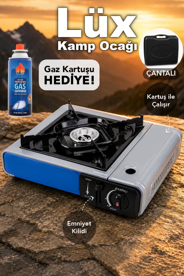 Lüx Kamp Ocağı - Taşıma Çantalı Emniyet Kilitli Portatif Mavi Tekli Ocak 1 Adet Gaz Kartuşu Hediye