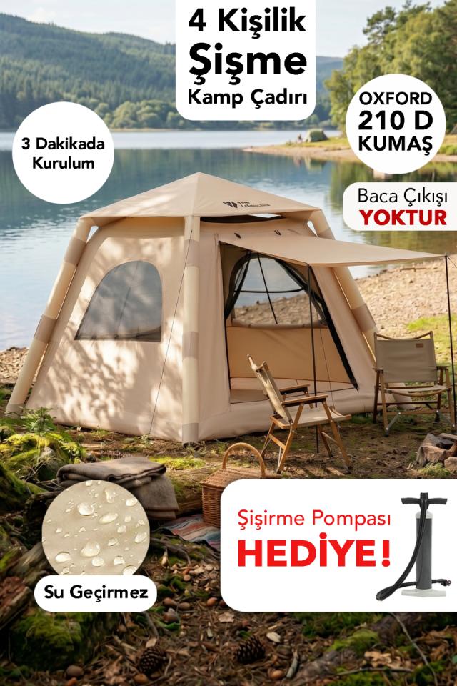 4 Kişilik Şişme Çadır - 4 Mevsim Kullanım Güneş Korumalı Hızlı Kurulum Çadır Şişirme Pompası Hediye