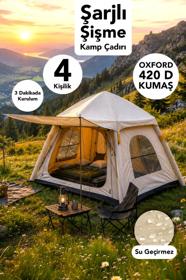 4 Kişilik Tenteli Kamp Çadırı - Şarjlı Şişme Su Geçirmez Piknik Plaj Outdoor Çadır 240x240x175cm
