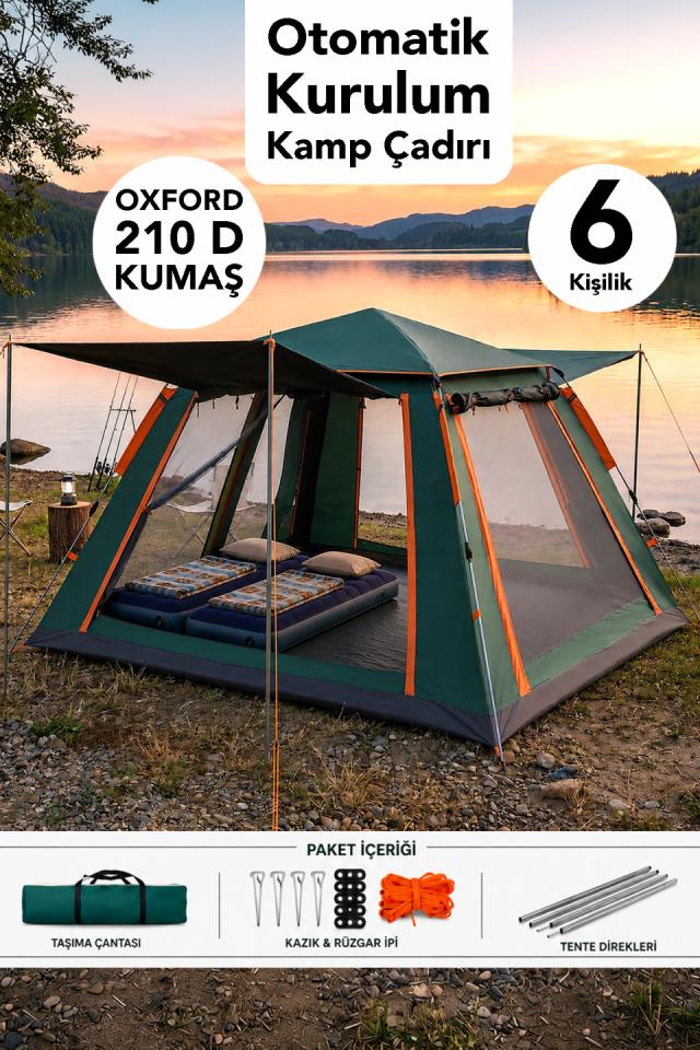 6 Kişilik Otomatik Kurulum Kamp Çadırı - Dayanıklı Su Geçirmez Outdoor Tenteli Çadır 240x240x160cm