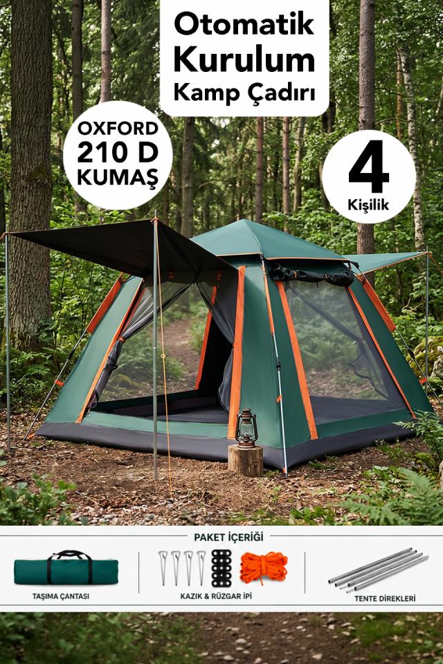 4 Kişilik Tenteli Kamp Çadırı - Otomatik Kurulum Taşıma Çantalı Oxford Kumaş Çadır