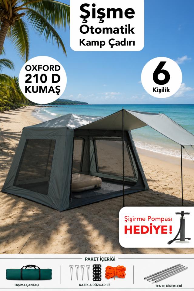6 Kişilik Kamp Çadırı - 4 Mevsim Kullanım Oxford Kumaş Otomatik Kurulum Çadır 233x233x190cm