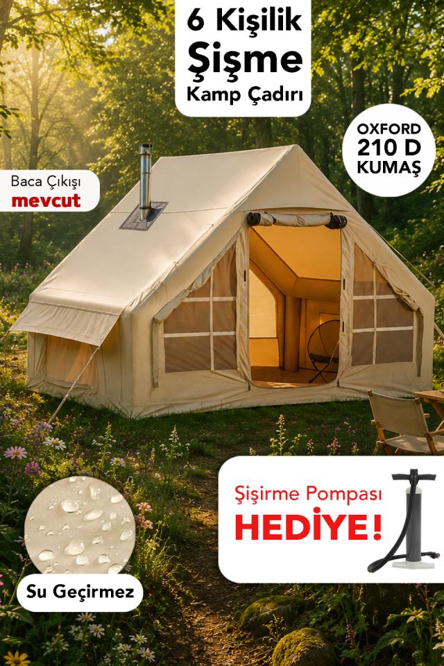 6 Kişilik Çift Kapılı Çadır - Kolay Kurulum Su Geçirmez Kamp Outdoor Çadır Şişirme Pompası Hediye