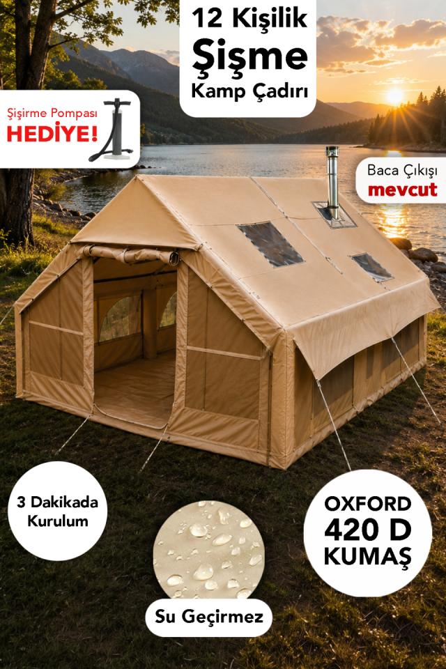 12 Kişilik Şişme Çadır - Kolay Kurulum Kamp Plaj Su Geçirmez Outdoor Çadır Şişirme Pompası Hediye