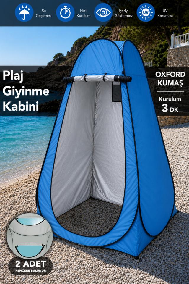 Plaj Giyinme Çadırı - Tek Kişilik Kamp Duş Wc Kabini Mavi 115x115x190cm
