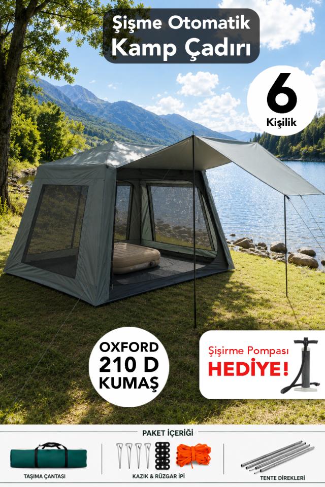 6 Kişilik Kamp Çadırı - Otomatik Kurulum 4 Mevsim Kullanım Oxford Kumaş Outdoor Çadır 233x233x190cm