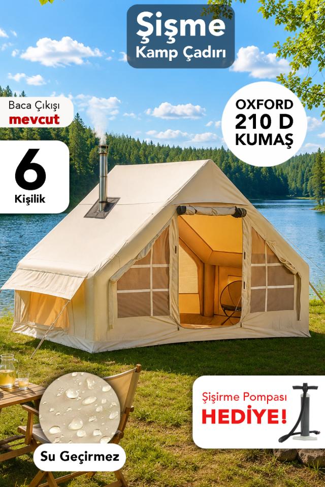 6 Kişilik Çift Kapılı Çadır - Su Geçirmez Kolay Kurulum Kamp Outdoor Çadır Şişirme Pompası Hediye