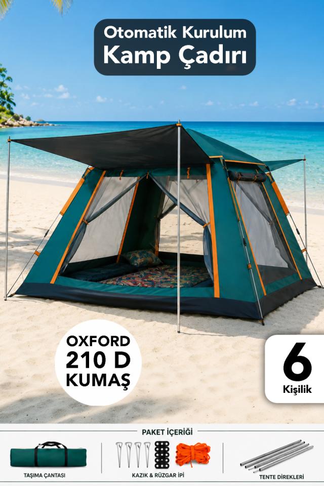 6 Kişilik Otomatik Kurulum Kamp Çadırı - Su Geçirmez Tenteli Dayanıklı Outdoor Çadır 240x240x160cm