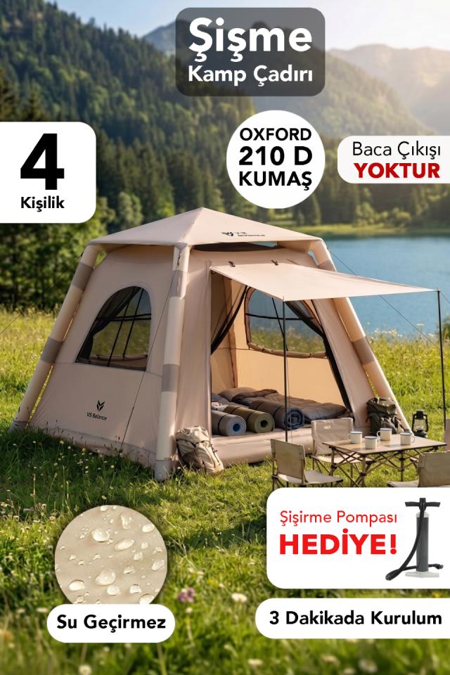 4 Kişilik Şişme Çadır - 4 Mevsim Kullanım Hızlı Kurulum Güneş Korumalı Çadır Şişirme Pompası Hediye