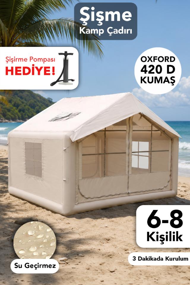 8 Kişilik Şişme Kamp Çadırı - Hızlı Kolay Kurulum Güneş Korumalı Çadır Şişirme Pompası Hediye