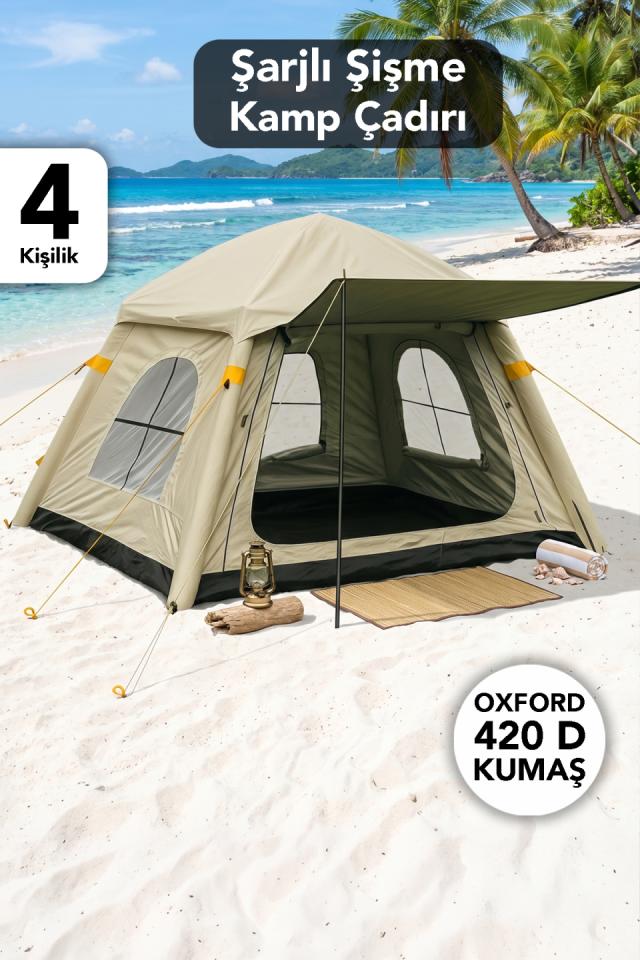 4 Kişilik Tenteli Kamp Çadırı - Şarjlı Şişme Plaj Piknik Otomatik Kurulum Outdoor Çadır 240x240x175cm